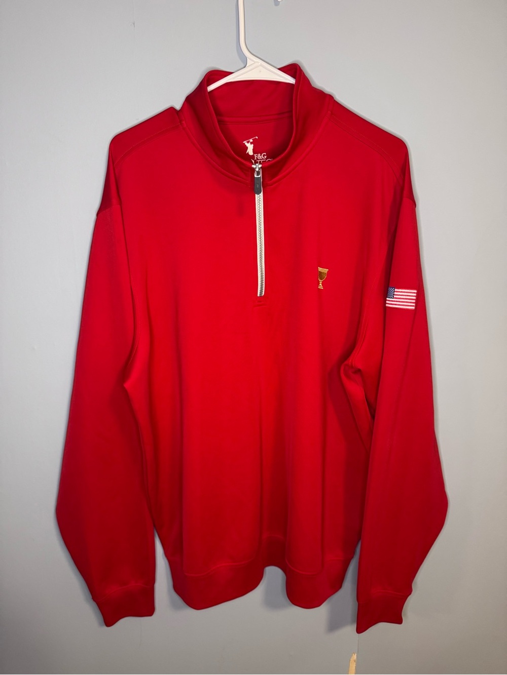 F&G Tech Men’s XL Red Golf 1/4 Zip Pullover Trophy Logo USA Flag Performance
